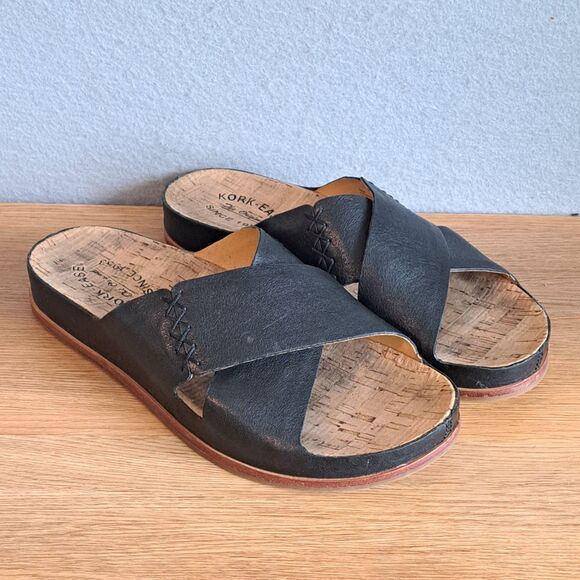 Kork-Ease Tutsi Women’s 9 Black Leather Slip-On Sandals Low Wedge Summer Comfort - Picture 1 of 10